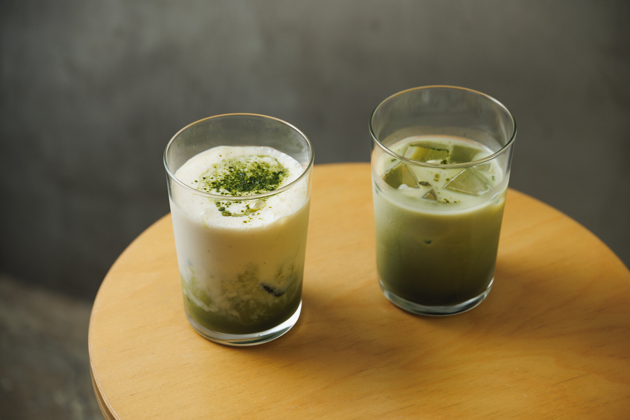 Two matcha drinks at L for You — iced matcha latte and matcha banana shake
